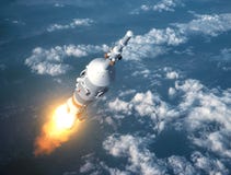 Nave da carico Rocket Launch In The Clouds illustrazione vettoriale Nave da carico Rocket Launch In The Clouds illustrazione vettoriale