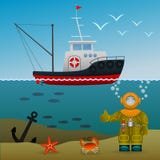 Navio do pescador s no mar aberto Mergulhador sob a água no fundo do mar Habitantes do mar e a âncora perdida imagem dos desenhos ilustração stock Navio do pescador s no mar aberto Mergulhador sob a água no fundo do mar Habitantes do mar e a âncora perdida imagem dos desenhos ilustração stock
