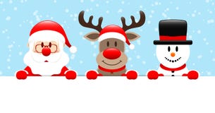 Neige de bannière de Santa Reindeer And Snowman Horizontal bleu-clair illustration stock Neige de bannière de Santa Reindeer And Snowman Horizontal bleu-clair illustration stock