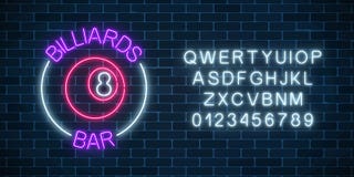 Neon billiards bar sign with alphabet on a brick wall background. Glowing billiard ball with 8 number vector illustration Neon billiards bar sign with alphabet on a brick wall background. Glowing billiard ball with 8 number vector illustration