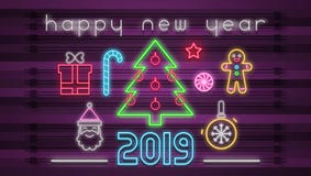 Neon Design Happy New Year Card. Modern Design of Neon Sign with with Shine Christmas Characters, Objects and Emblems. Retro Bright Signboard, Light Banner for vector illustration Neon Design Happy New Year Card. Modern Design of Neon Sign with with Shine Christmas Characters, Objects and Emblems. Retro Bright Signboard, Light Banner for vector illustration