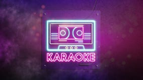 Neon karaoke sign on dark concrete wall, looped switch, 4k