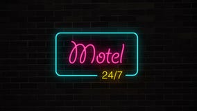 Neon Motel 24 7 sign on brick wall