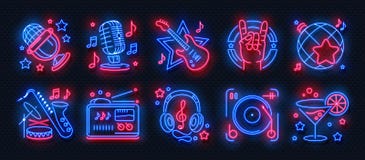 Neon party icons. Dance music karaoke light signs, glowing concert banner, rock bar disco poster. Vector retro night