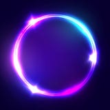 Neon sign. Round frame with glowing and light. Electric bright 3d circuit banner design on dark blue backdrop. vector illustration Neon sign. Round frame with glowing and light. Electric bright 3d circuit banner design on dark blue backdrop. vector illustration