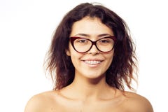 Nerd girl in glasses and with brackets on teeth. Positive, excel royalty free stock photo Nerd girl in glasses and with brackets on teeth. Positive, excel royalty free stock photo