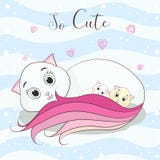 Nette Katzenkarikatur umarmt ihre childs stock abbildung Nette Katzenkarikatur umarmt ihre childs stock abbildung
