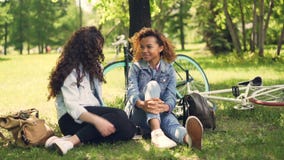 Nette Studenten Afroamerikaner und Kaukasier sind, lachend sprechend nach dem Reiten von Fahrrädern und das Sitzen im Park auf Ra stock footage Nette Studenten Afroamerikaner und Kaukasier sind, lachend sprechend nach dem Reiten von Fahrrädern und das Sitzen im Park auf Ra stock footage