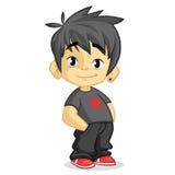 Netter kleiner Junge mit dem schwarzen Haar kleidete in der schwarzen Stellung und im Lächeln an Vector Karikaturkindercharakter vektor abbildung Netter kleiner Junge mit dem schwarzen Haar kleidete in der schwarzen Stellung und im Lächeln an Vector Karikaturkindercharakter vektor abbildung
