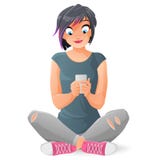 Nettes jugendlich Mädchen, das mit ihrem Smartphone sich verständigt oder simst Karikatur-Vektorillustration lokalisiert auf weiß lizenzfreie abbildung Nettes jugendlich Mädchen, das mit ihrem Smartphone sich verständigt oder simst Karikatur-Vektorillustration lokalisiert auf weiß lizenzfreie abbildung