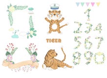 Nettes Tier und Blumen des digitalen Cliparts des Tigers für Karten-, Rahmen- und Bandposter, auf weißem Hintergrund für Feier stock abbildung Nettes Tier und Blumen des digitalen Cliparts des Tigers für Karten-, Rahmen- und Bandposter, auf weißem Hintergrund für Feier stock abbildung