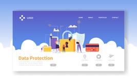 Netwerkbeveiliginglandingspagina De gegevensbeschermingbanner met Vlakke Mensenkarakters en de Digitale Gegevens beveiligen Websi stock illustratie Netwerkbeveiliginglandingspagina De gegevensbeschermingbanner met Vlakke Mensenkarakters en de Digitale Gegevens beveiligen Websi stock illustratie