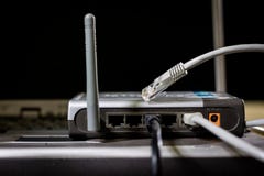 Network hub and rj45 cables on the stage. Computer accessories u stock images Network hub and rj45 cables on the stage. Computer accessories u stock images