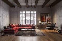 Neuer Luxusdachbodeninnenraum mit rotem Samtsofa stock abbildung Neuer Luxusdachbodeninnenraum mit rotem Samtsofa stock abbildung