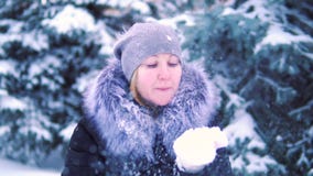 Neve de sopro de suas mãos no parque do inverno, tiro da menina do lento-movimento, paisagem do inverno video estoque Neve de sopro de suas mãos no parque do inverno, tiro da menina do lento-movimento, paisagem do inverno video estoque