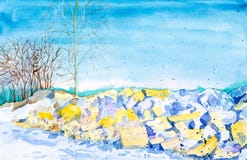 A neve derrete nas rochas na primavera entre as árvores e a floresta no fundo Ilustra??o da aquarela isolada no branco ilustração stock A neve derrete nas rochas na primavera entre as árvores e a floresta no fundo Ilustra??o da aquarela isolada no branco ilustração stock