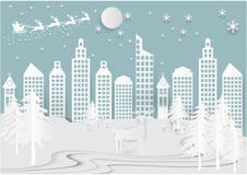 Neve di vacanza invernale nel fondo della città della città con Santa, i cervi e l'albero Illustrazione di stile di arte della ca royalty illustrazione gratis Neve di vacanza invernale nel fondo della città della città con Santa, i cervi e l'albero Illustrazione di stile di arte della ca royalty illustrazione gratis