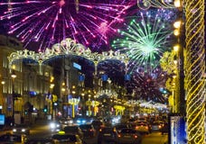 Nevsky Avenue in Christmas decoration. St. Petersburg. Russia and Christmas fireworks stock photo Nevsky Avenue in Christmas decoration. St. Petersburg. Russia and Christmas fireworks stock photo