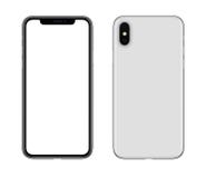 New modern white smartphone similar to iPhone X mockup front and back sides isolated on white background