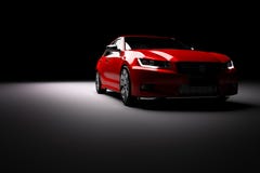 New Red Metallic Sedan Car In Spotlight. Modern Desing, Brandless. Stock Photos