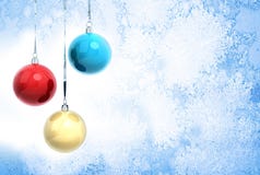 New Year background with Christmas balls. New Year background illustration with three Christmas balls hanging on ribbons above blue frozen glass surface stock illustration New Year background with Christmas balls. New Year background illustration with three Christmas balls hanging on ribbons above blue frozen glass surface stock illustration