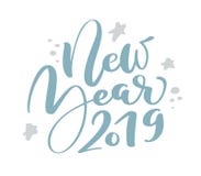 New Year 2019 blue Christmas vintage calligraphy lettering vector text with winter scandinavian drawing elements. For vector illustration New Year 2019 blue Christmas vintage calligraphy lettering vector text with winter scandinavian drawing elements. For vector illustration
