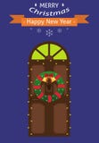 New Year card. Christmas card. Entrance door with a Christmas wreath and a garland. Flat design. Vector illustration vector illustration New Year card. Christmas card. Entrance door with a Christmas wreath and a garland. Flat design. Vector illustration vector illustration