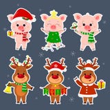 New Year and Christmas card. A set sticker of three deer and three pig characters in different hats and suits in winter stock illustration New Year and Christmas card. A set sticker of three deer and three pig characters in different hats and suits in winter stock illustration