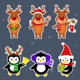 New Year and Christmas card. A set stickers of three penguins and three deer characters in different hats and poses in stock illustration New Year and Christmas card. A set stickers of three penguins and three deer characters in different hats and poses in stock illustration