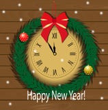 New year clock. With fir branch around it hanging on the wall of wooden planks stock illustration New year clock. With fir branch around it hanging on the wall of wooden planks stock illustration