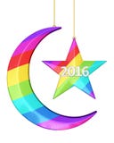 New Year 2016. Colorful New year 2016 Moon and star shape Christmas decorations render (isolated on white and clipping path stock illustration New Year 2016. Colorful New year 2016 Moon and star shape Christmas decorations render (isolated on white and clipping path stock illustration