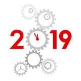 New Year 2019 concept - clock. New Year 2019 concept - digits with mechanism. Big gear instead zero. Complex machinery looks like clock. Sign for winter holiday vector illustration New Year 2019 concept - clock. New Year 2019 concept - digits with mechanism. Big gear instead zero. Complex machinery looks like clock. Sign for winter holiday vector illustration
