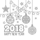 New year congratulation card with numbers 2018, christmas balls, stars, garlands. Antistress coloring book for adults. Zentangle inspired style. Zen monochrome royalty free illustration New year congratulation card with numbers 2018, christmas balls, stars, garlands. Antistress coloring book for adults. Zentangle inspired style. Zen monochrome royalty free illustration