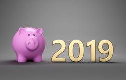 New Year 2019 Creative Design Concept with Piggy Bank. 3D Rendered Image stock illustration New Year 2019 Creative Design Concept with Piggy Bank. 3D Rendered Image stock illustration