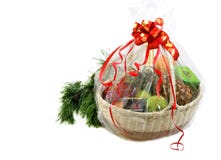 New Year Gift Basket And Pine Branch Royalty Free Stock Photography New Year Gift Basket And Pine Branch Royalty Free Stock Photography