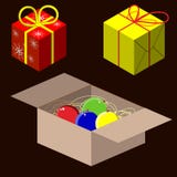 New Year gift boxes vector. Christmas snowflakes flat red yellow royalty free illustration New Year gift boxes vector. Christmas snowflakes flat red yellow royalty free illustration