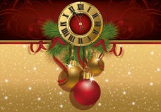 New Year greeting banner with xmas balls and clock. Vector stock illustration New Year greeting banner with xmas balls and clock. Vector stock illustration
