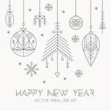 New Year greeting card template with hanging decorations and snowflakes. vector illustration New Year greeting card template with hanging decorations and snowflakes. vector illustration