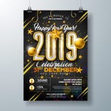 2019 New Year Party Celebration Poster Template Illustration with Lights Bulb Number and Gold Christmas Ball on Black. Background. Vector Holiday Premium royalty free illustration 2019 New Year Party Celebration Poster Template Illustration with Lights Bulb Number and Gold Christmas Ball on Black. Background. Vector Holiday Premium royalty free illustration
