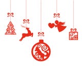 New Year`s vector toys on threads on white isolated background. Elements on the tree. New Year red toys with New Year symbols on threads on white isolated royalty free illustration New Year`s vector toys on threads on white isolated background. Elements on the tree. New Year red toys with New Year symbols on threads on white isolated royalty free illustration