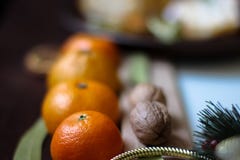 New Year`s decor. Mandarins, walnuts, spruce branches royalty free stock photo New Year`s decor. Mandarins, walnuts, spruce branches royalty free stock photo