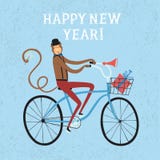 New year's Monkey cyclist illustration. Vector illustration with cute monkey on city bicycle with gift box in basket. New Year's symbol for your design royalty free illustration New year's Monkey cyclist illustration. Vector illustration with cute monkey on city bicycle with gift box in basket. New Year's symbol for your design royalty free illustration