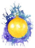New Year`s yellow ball on a background of purple splashes. Chris royalty free illustration New Year`s yellow ball on a background of purple splashes. Chris royalty free illustration