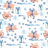 New Year seamless pattern with cute pigs, Christmas gifts and snowflakes. 2019 Chinese Year symbol. Design element for stock illustration New Year seamless pattern with cute pigs, Christmas gifts and snowflakes. 2019 Chinese Year symbol. Design element for stock illustration