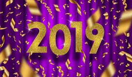 New year 2019 illustration. Glitter gold numbers and golden foil confetti on a purple curtain background. New year 2019 vector illustration. Glitter gold stock illustration New year 2019 illustration. Glitter gold numbers and golden foil confetti on a purple curtain background. New year 2019 vector illustration. Glitter gold stock illustration