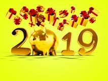 New Year 2019 yellow pig and fall yellow gifts fall from above 3. D render on yellow background with shadow vector illustration New Year 2019 yellow pig and fall yellow gifts fall from above 3. D render on yellow background with shadow vector illustration
