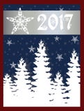 New Years eve Card Vector. Snowflakes and fir trees on blue background. Magic Christmas Greeting royalty free illustration New Years eve Card Vector. Snowflakes and fir trees on blue background. Magic Christmas Greeting royalty free illustration