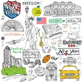 New York City gribouille des éléments Ensemble tiré par la main avec, taxi, café, hot dog, statue de la liberté, Broadway, musiqu illustration libre de droits New York City gribouille des éléments Ensemble tiré par la main avec, taxi, café, hot dog, statue de la liberté, Broadway, musiqu illustration libre de droits