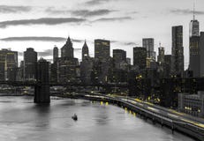 Free New York City Yellow Night Lights Shining On Black And White Buildings In Manhattan Royalty Free Stock Image - 144548076