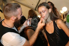 NEW YORK, NY - SEPTEMBER 06: A Model Has Her Make-up Done Backstage At Venexiana Stock Photography